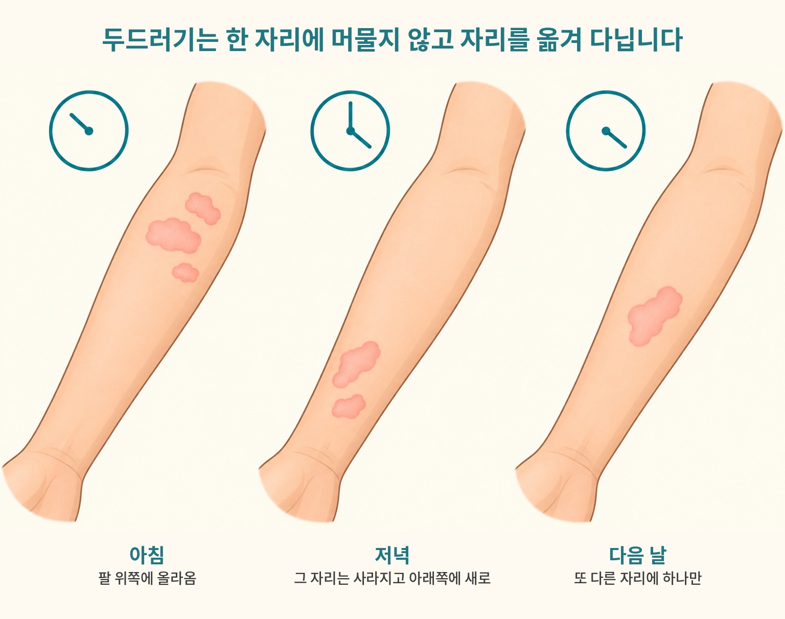 두드러기 팽진이 한 자리에 머물지 않고 자리를 옮겨 다니는 모습을 그린 도해 · 아침·저녁·다음 날 같은 팔의 변화