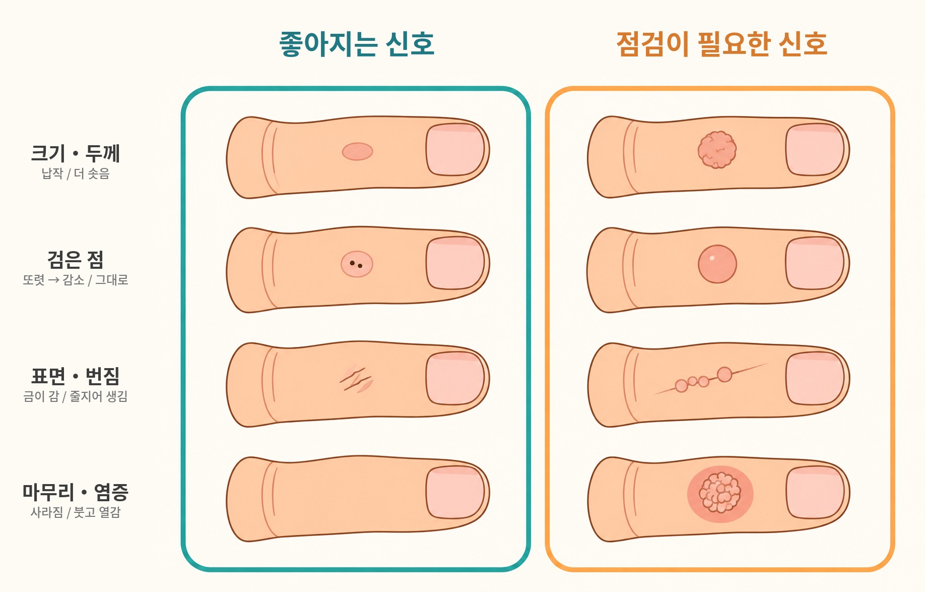 사마귀 치료 중 좋아지는 신호와 점검이 필요한 신호 비교 도해 (크기·검은 점·표면·새 병변)