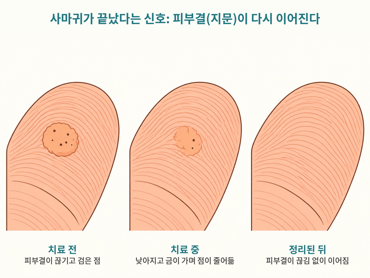 사마귀가 정리되는 과정 도해 · 치료 전, 치료 중, 피부결(지문)이 다시 이어진 모습